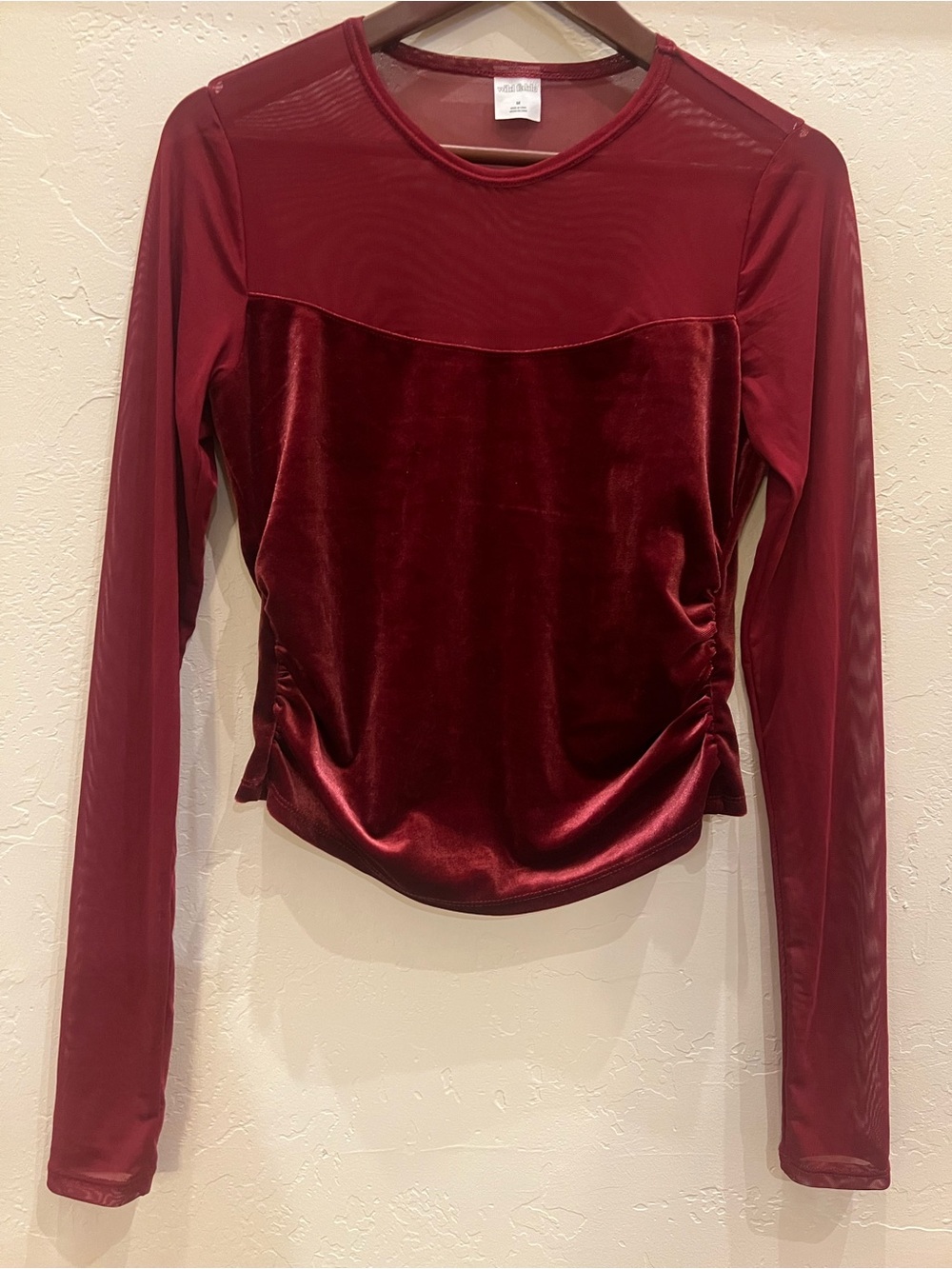 Women's Wild Fable Burgundy Velvet & Mesh Long Sleeve Top